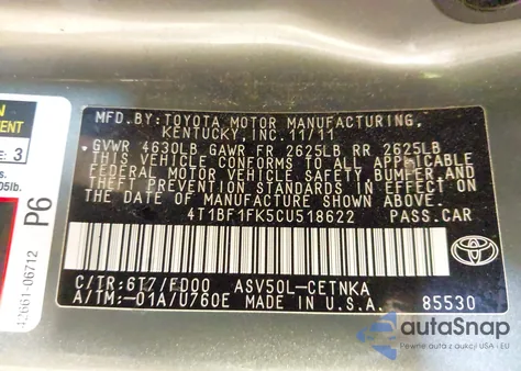 2012 Toyota Camry Le from USA, damaged, VIN 4T1BF1FK5CU518622